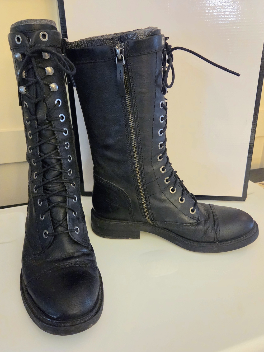 Nine West Black Combat Boots Lace-Up Black Leather Size 7 - Picture 4 of 9